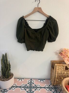 Olive Puff Sleeve Crop Top - Womens